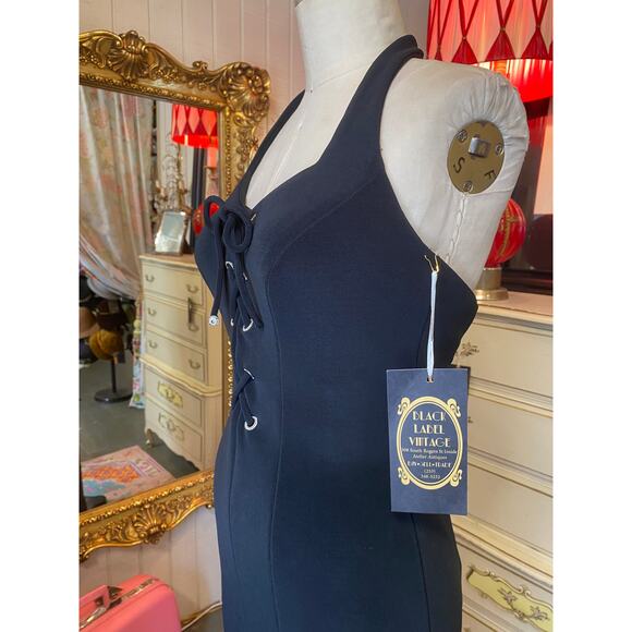 vintage 1990s halter neck black bandage dress lace up karen lucas hourglass body - Picture 7 of 10